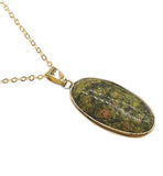 Artisan Natural Crystal Unakite Oval Necklace with Golden Titanium Steel