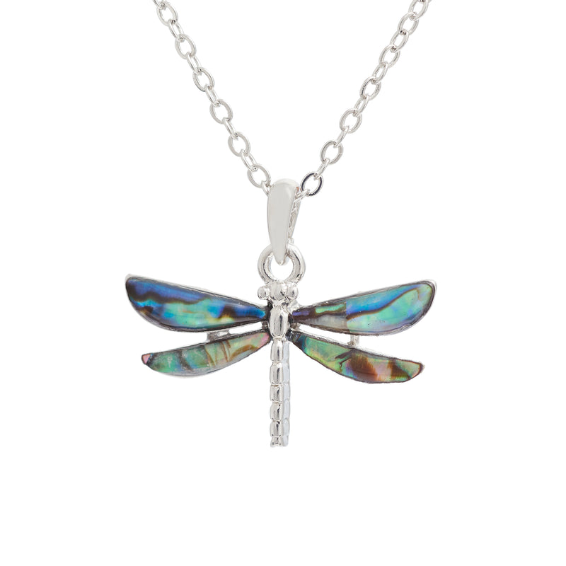 Natural Paua Shell Dreamy Dragonfly Necklace, by Byzantium. Rhodium Plated and 26mm in size