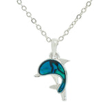Natural Paua Shell Cute Baby Flying Dolphin Necklace, by Byzantium. Rhodium Plated and 20mm in size