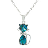 Natural Paua Shell Cute Pussy Cat Necklace, by Byzantium. Rhodium Plated and 20mm in size