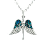 Natural Paua Shell Winged Guardian Angel Necklace, by Byzantium. Rhodium Plated and 20mm in size
