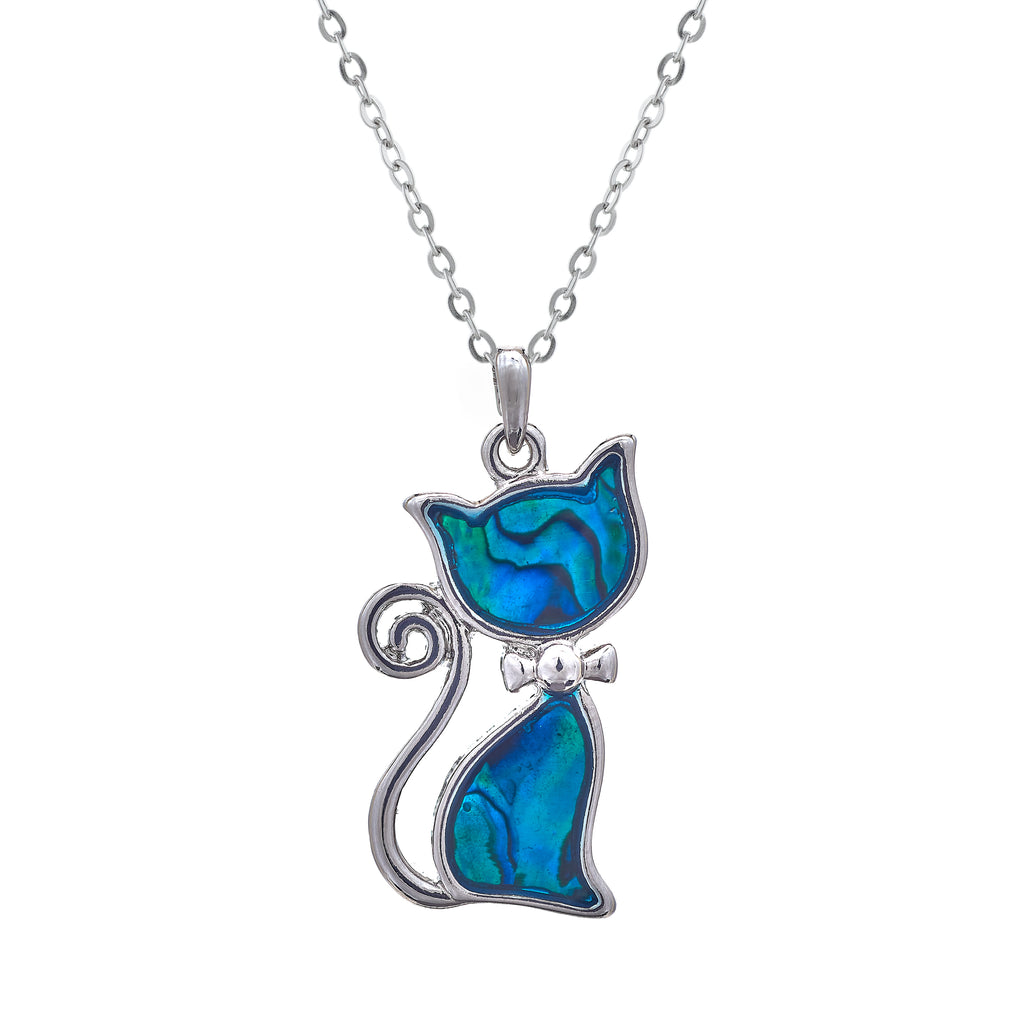 Natural Paua Shell Cutie Cat Necklace, by Byzantium. Rhodium Plated and 30mm in size