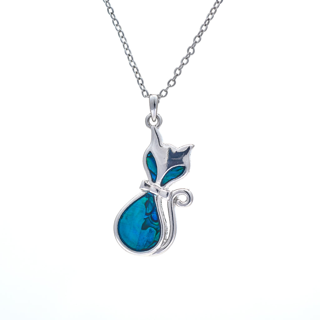 Natural Paua Shell Posh, Classy Ocicat Cat Necklace, by Byzantium. Rhodium Plated and 30mm in size