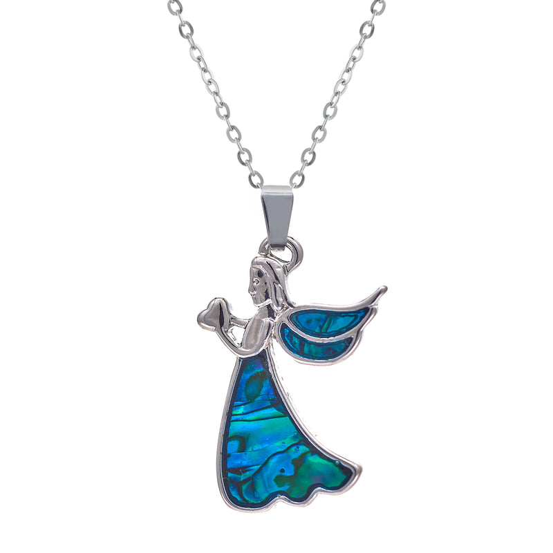 Natural Paua Shell Beautiful, Floating Angel with Heart Necklace, by Byzantium. Rhodium Plated and 30mm in size