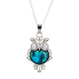 Natural Paua Shell Cute Baby Barn Owl Necklace with Crystal Eyes, by Byzantium. Rhodium Plated, 25mm in size