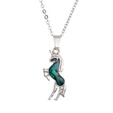 Natural Paua Shell Crystal Grand Rearing Unicorn Necklace, by Byzantium. Rhodium Plated, 25mm in size