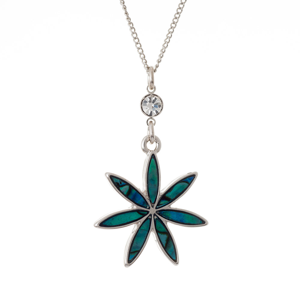 Natural Paua Shell Crystal Delicate Lucky Daisy Necklace with Crystal, by Byzantium. Rhodium Plated, 25mm in size