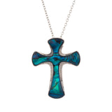 Natural Paua Shell Curve-Edged Cross Necklace with Crystal, by Byzantium. Rhodium Plated, 30mm in size