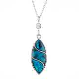 Natural Paua Shell Beautiful Pointed Oval Necklace, with Crystal Link, by Byzantium. Rhodium Plated, 30mm in size