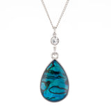 Natural Paua Shell Beautiful Teardrop Necklace, with Crystal Link, by Byzantium. Rhodium Plated, 25mm in size