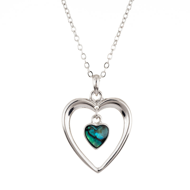 Natural Paua Shell Beautiful Heart within Heart Drop Necklace, by Byzantium. Rhodium Plated, 25mm in size