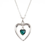 Natural Paua Shell Heart within Heart Necklace, Rhodium Plated