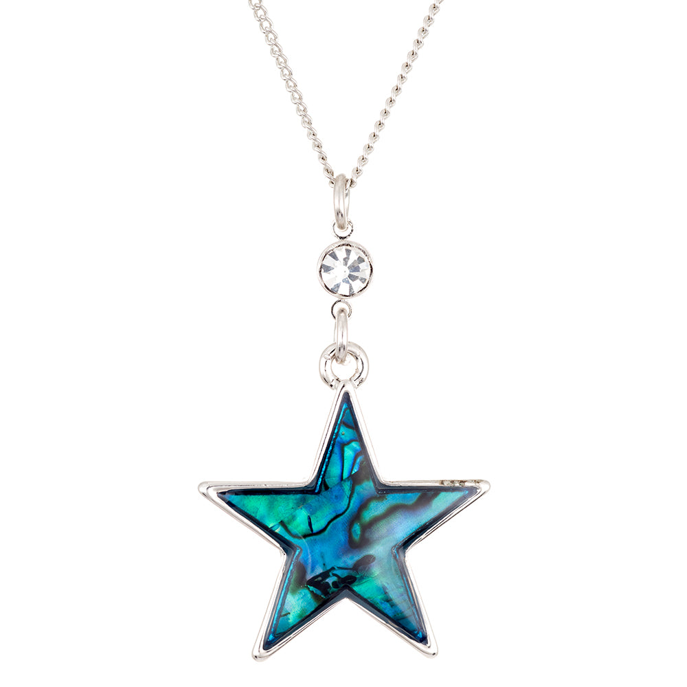 Natural Paua Shell Beautiful Star Necklace with Crystal Link, by Byzantium. Rhodium Plated, 25mm in size
