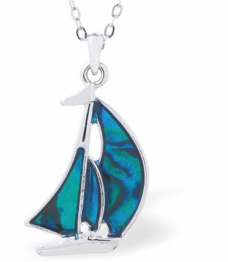 Natural Paua Shell Sailing Yacht Necklace, by Byzantium. Rhodium Plated and 20mm in size