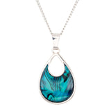Natural Paua Shell Gorgeous Hollow Teardrop Necklace, by Byzantium. Rhodium Plated, 25mm in size