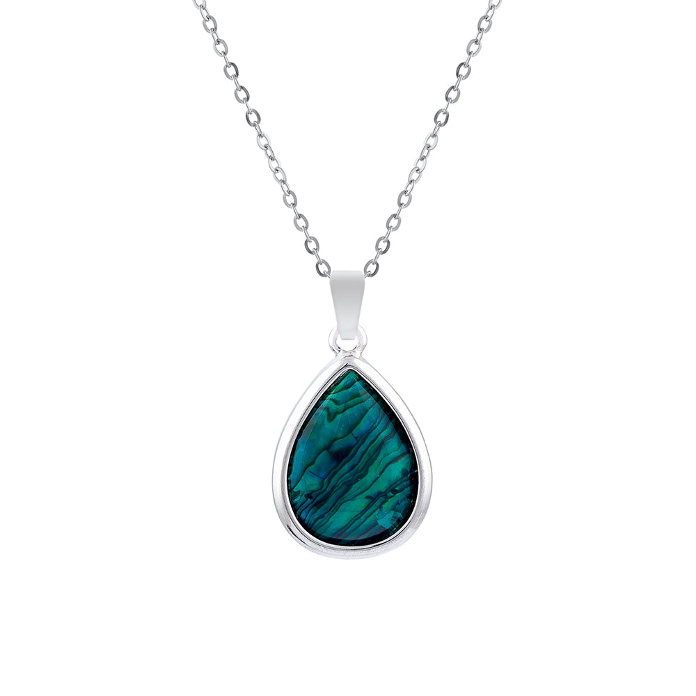 Natural Paua Shell Delicate Teardrop Necklace, by Byzantium. Rhodium Plated, 20mm in size