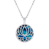Natural Paua Shell Gorgeous, Spiritual Lotus Blossom Necklace, by Byzantium. Rhodium Plated, 20mm in size