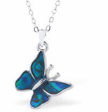 Natural Paua Shell Cute Floating Butterfly Necklace, by Byzantium. Rhodium Plated and 18mm in size