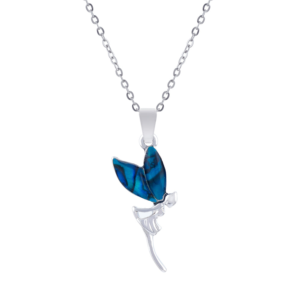 Natural Paua Shell Cute Tinker Bell Fairy Necklace, by Byzantium. Rhodium Plated, 20mm in size