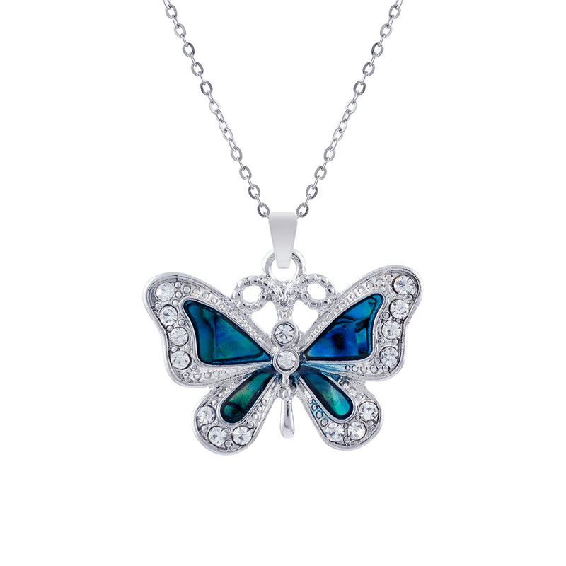 Natural Paua Shell Crystal Framed Gorgeous Butterfly Necklace, by Byzantium. Rhodium Plated, 30mm in size