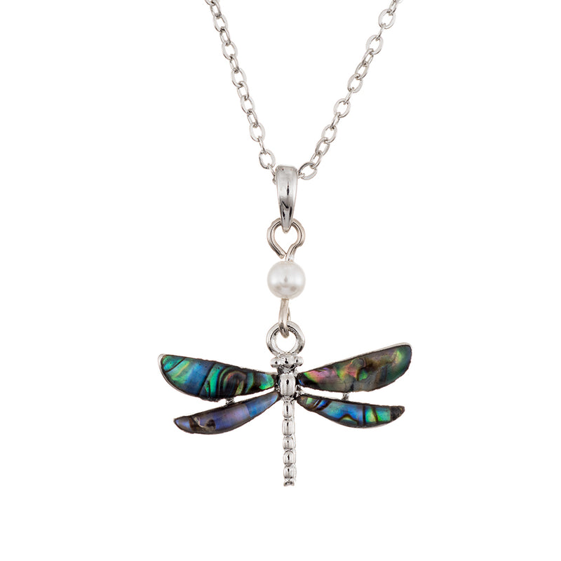 Natural Paua Shell Delicate Dragonfly with Pearl Link Necklace, by Byzantium. Rhodium Plated, 25mm in size