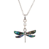 Natural Paua Shell Delicate Dragonfly with Pearl Link Necklace, by Byzantium. Rhodium Plated, 25mm in size