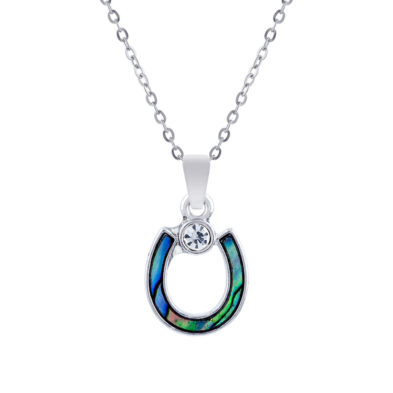 Natural Paua Shell Lucky Horse Shoe Necklace, by Byzantium. Rhodium Plated, 25mm in size