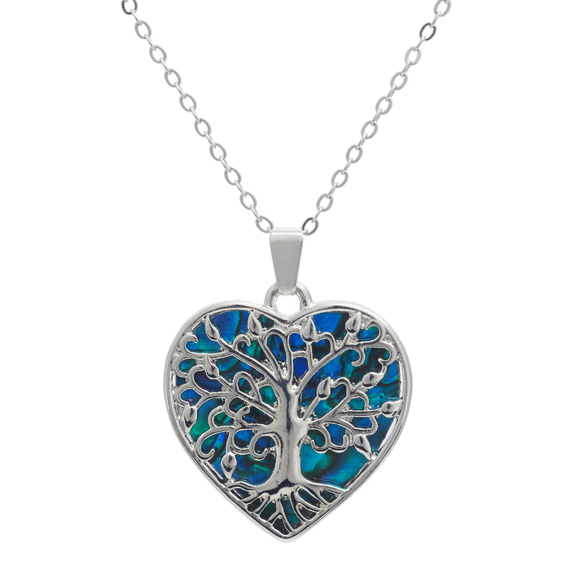 Natural Paua Shell Tree of Life in Loving Heart Necklace, byNatural Paua Shell Tree of Life in Wild Loving Heart Necklace, by Byzantium. Rhodium Plated, 24mm in size