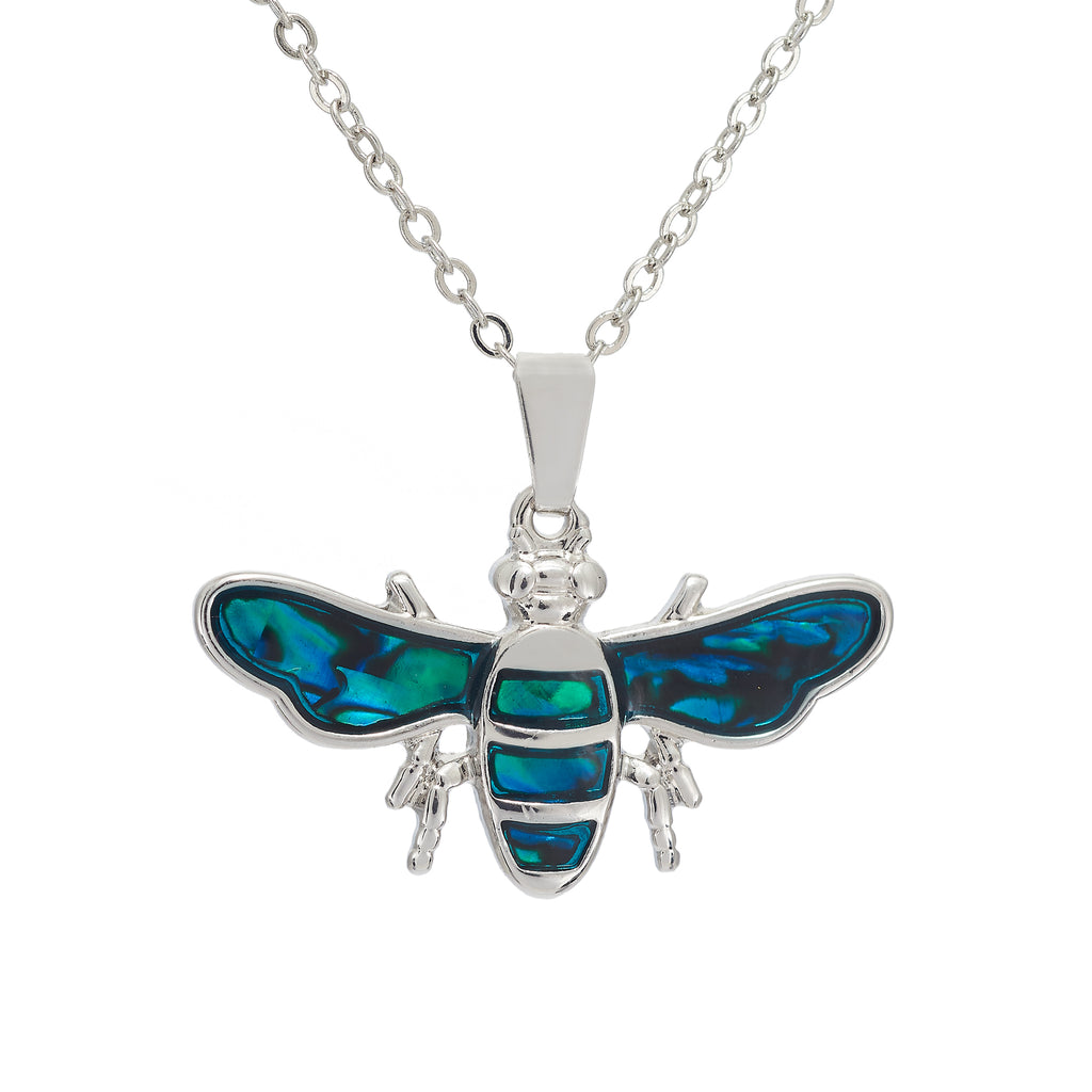 Natural Paua Shell Floating Bee Necklace, by Byzantium. Rhodium Plated, 30mm in size