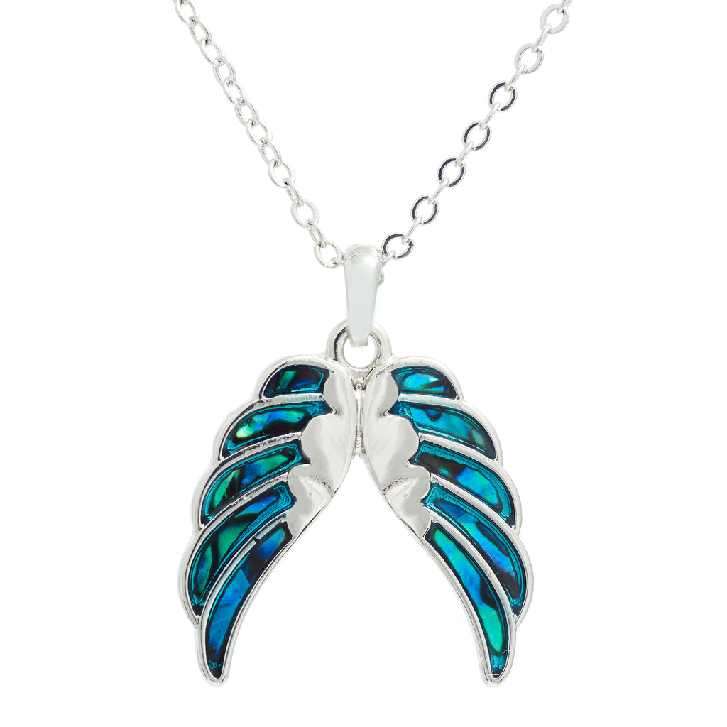 Natural Paua Shell Delicate Angel Wings Necklace, by Byzantium. Rhodium Plated, 26mm in size