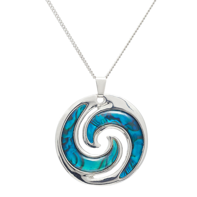 Natural Paua Shell Delicate Curling Waves Necklace, by Byzantium. Rhodium Plated, 35mm in size
