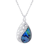 Natural Paua Shell Laced Teardrop Necklace, by Byzantium. Rhodium Plated, 30mm in size