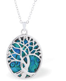 Natural Paua Shell Gorgous Paua Oval Framed Entwined Tree of Life Necklace, by Byzantium. Rhodium Plated, 28mm in size