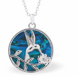 Natural Paua Shell Paua Circular Framed Fluttering Rofous Hummingbird Necklace, by Byzantium. Rhodium Plated,  26mm in size