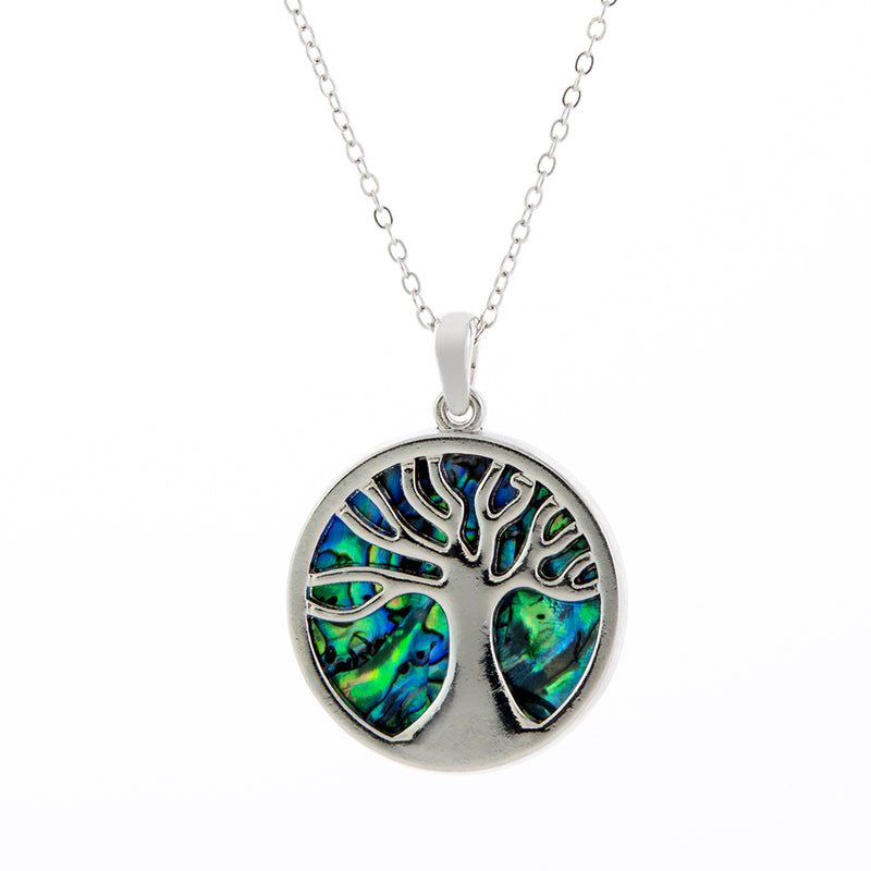 Natural Paua Shell Circular Framed Tree of Life Necklace, by Byzantium. Rhodium Plated, 30mm in size