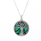 Natural Paua Shell Circular Framed Tree of Life Necklace, by Byzantium. Rhodium Plated, 30mm in size