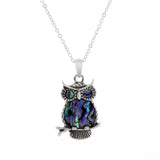Natural Paua Shell Cute Tawny Owl Necklace, by Byzantium. Rhodium Plated, 20mm in size
