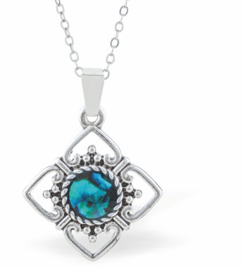 Natural Paua Shell Beautiful Sunburst Necklace, by Byzantium. Rhodium Plated, 20mm in size