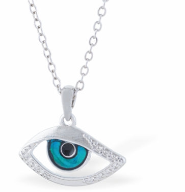 Natural Paua Shell Beautiful Evil Eye Necklace, by Byzantium. Rhodium Plated, 20mm in size