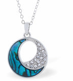 Natural Paua Shell Beautiful Crystal Embellished Eclipse of the Moon Necklace, by Byzantium. Rhodium Plated, 20mm in size
