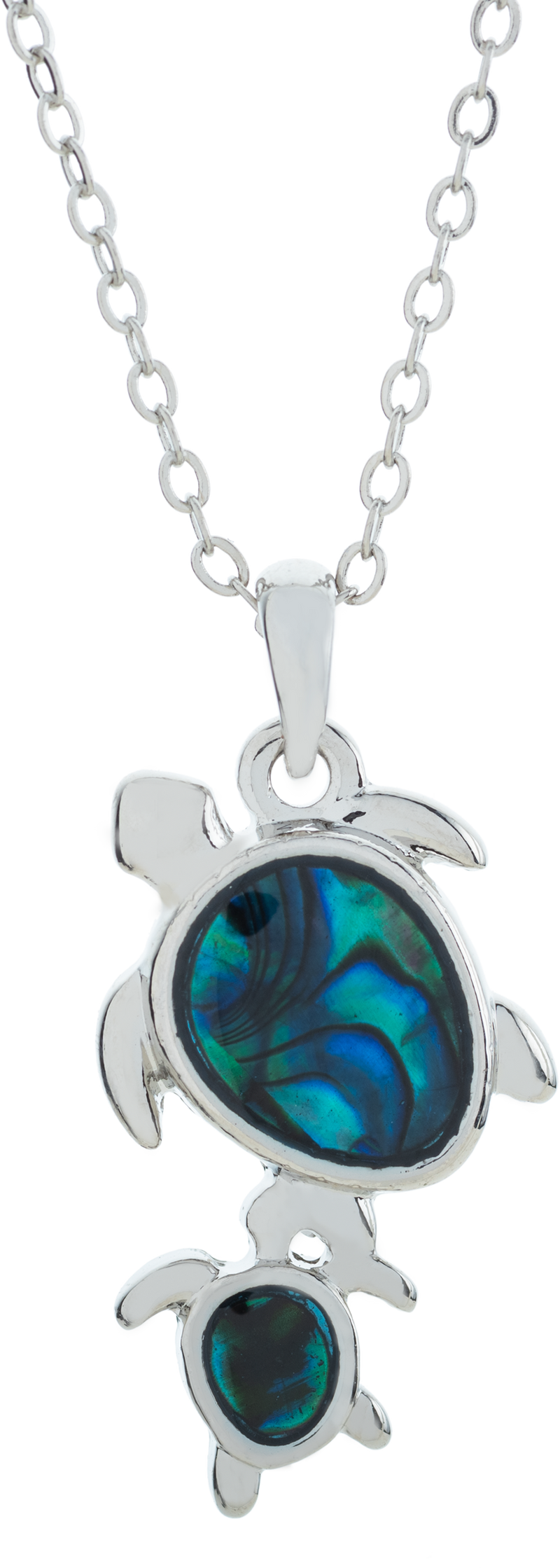 Natural Paua Shell Cute Turtle with Baby Necklace, by Byzantium. Rhodium Plated, 25mm in size