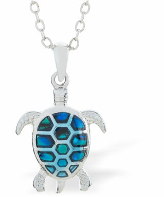 Natural Paua Shell Cute Turtle Necklace, by Byzantium. Rhodium Plated, 20mm in size
