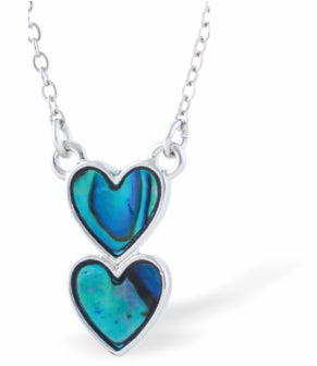 Natural Paua Shell Double Heart Drop Necklace, by Byzantium. Rhodium Plated, 20mm in size