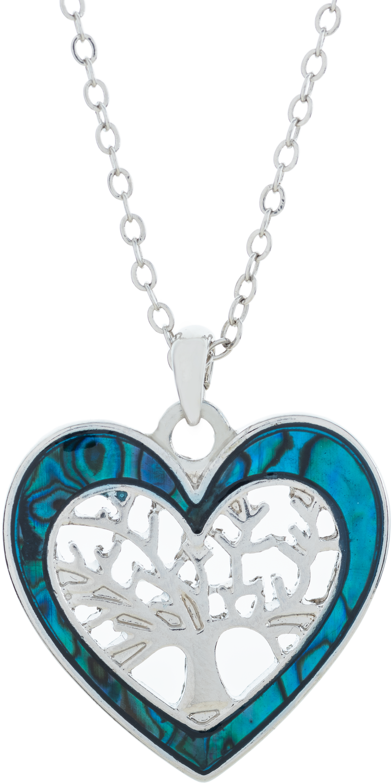 Natural Paua Shell Framed Tree of Life Necklace, by Byzantium. Rhodium Plated, 25mm in size
