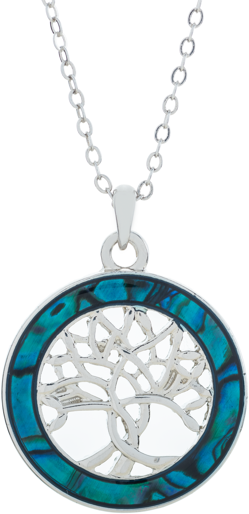 Natural Paua Shell Circle Framed Tree of Life Necklace, by Byzantium. Rhodium Plated, 25mm in size