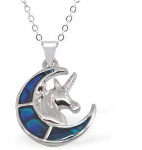 Paua Shell Crescent Moon with Unicorn Necklace, by Byzantium,. Rhodium Plated and 15mm in size