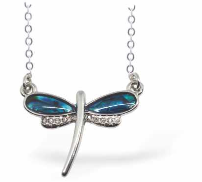 Paua Shell Cute Crystallized Dragonfly Necklace, by Byzantium,. Rhodium Plated and 20mm in size