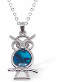 Paua Shell Cute Baby Owl on a Branch Necklace, by Byzantium,. Rhodium Plated and 25mm in size