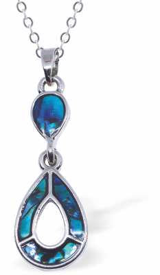 Paua Shell Double Drop with Hollow Teardrop Necklace, by Byzantium,. Rhodium Plated and 30mm in size
