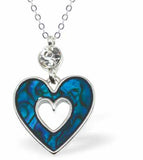 Copy of Paua Shell Hollow Heart Necklace, by Byzantium, with Crystal. Rhodium Plated and 25mm in size